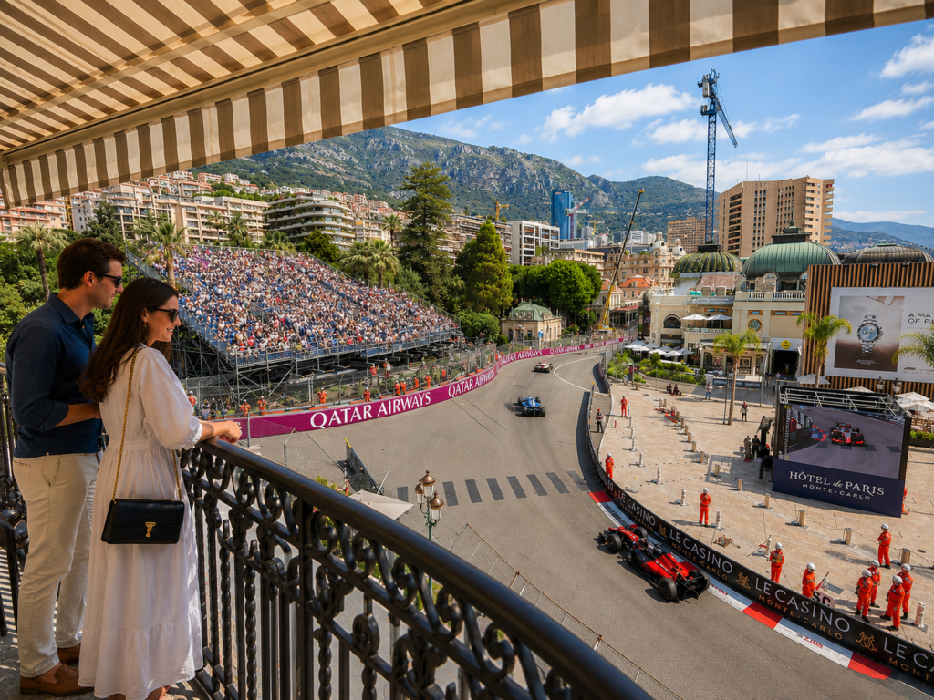 Couple enjoying a luxury balcony view of a Formula One race in Monaco overlooking the famous Monte Carlo circuit
