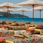 Beach lounge decorated with the Dolce & Gabbana signature DG Carretto motif