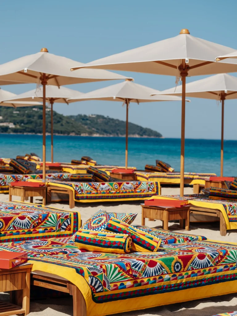 Beach lounge decorated with the Dolce & Gabbana signature DG Carretto motif
