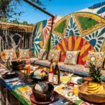 Outdoor dining setup featuring the Dolce & Gabbana signature DG Carretto motif