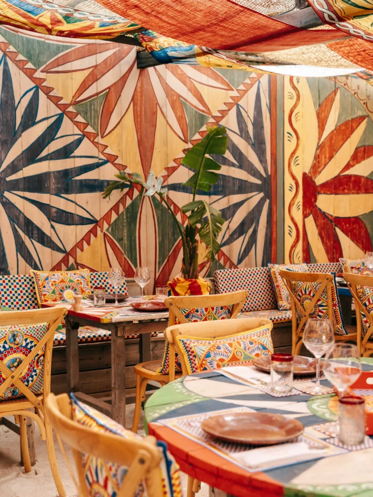 Restaurant interior decorated with the Dolce & Gabbana signature DG Carretto motif