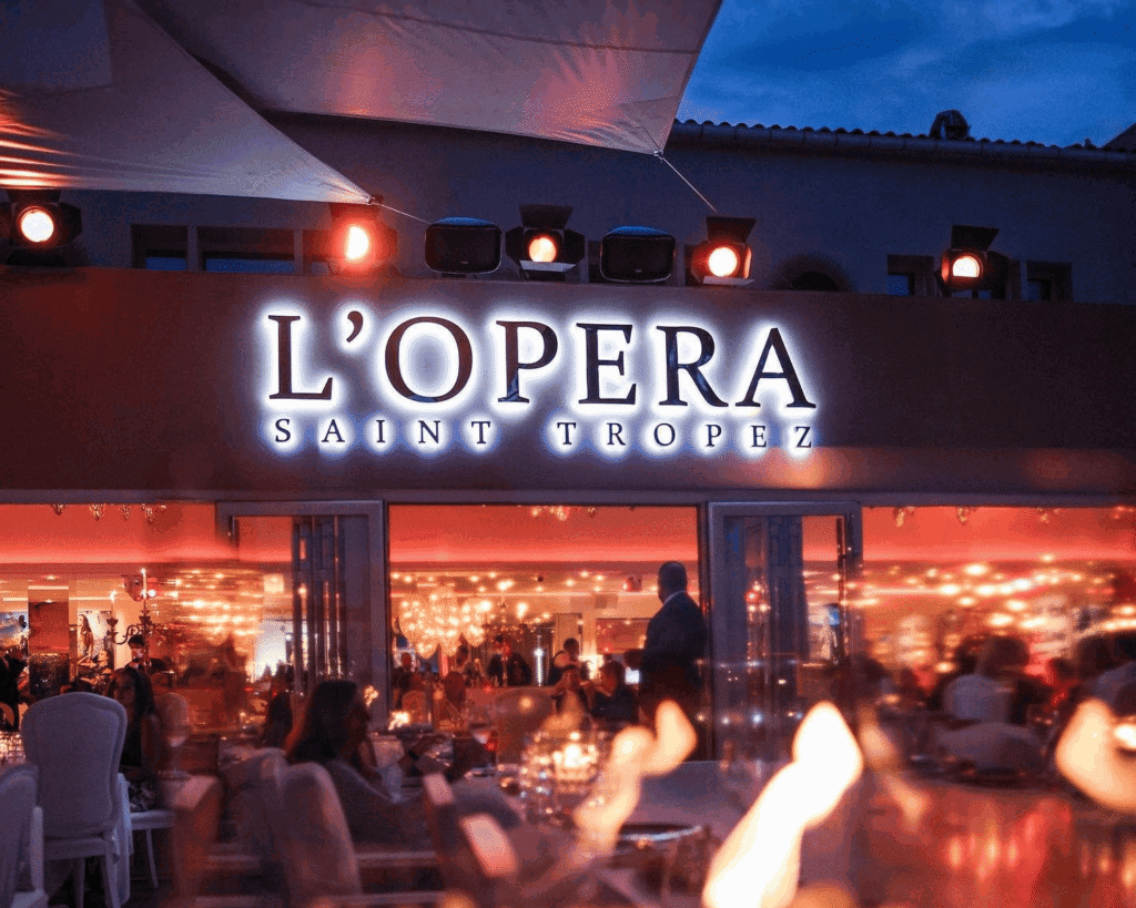 Nighttime exterior view of La Opera Saint-Tropez venue