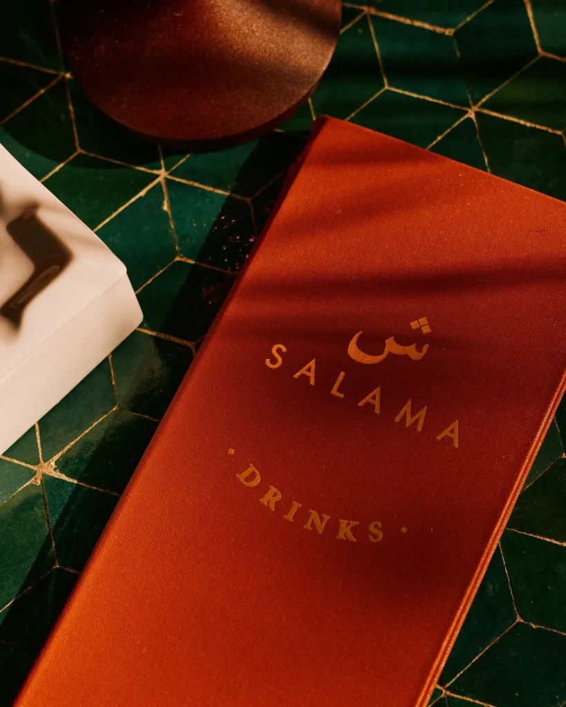 Salama Saint-Tropez drinks menu on a restaurant table