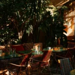 Outdoor seating surrounded by tropical plants at Salama Saint-Tropez