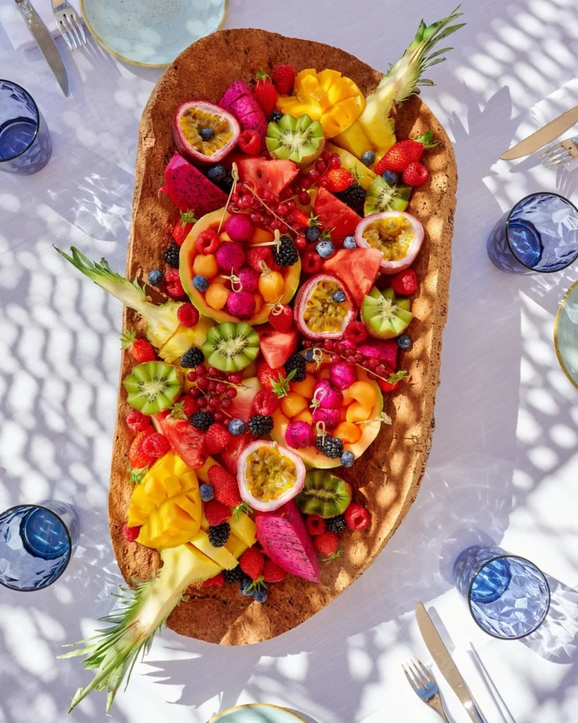 Large platter of tropical fruit and berries served at Byblos Beach Ramatuelle