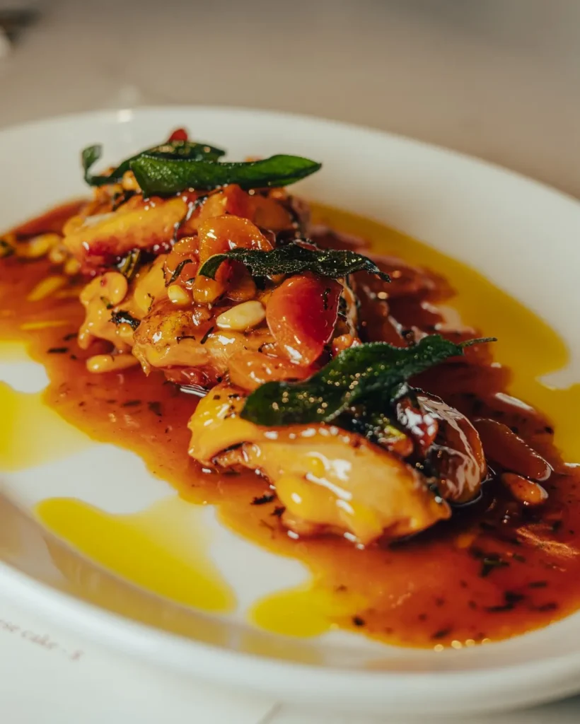 Chicken in a rich sauce with crispy sage and pine nuts on a white plate at El Caminito Palma