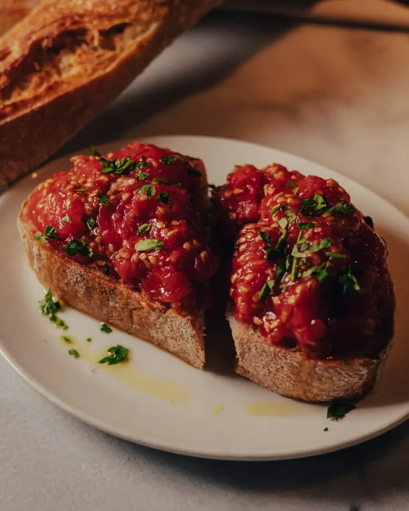 Toasted sourdough topped with grated tomato and parsley beside a loaf at El Caminito Palma