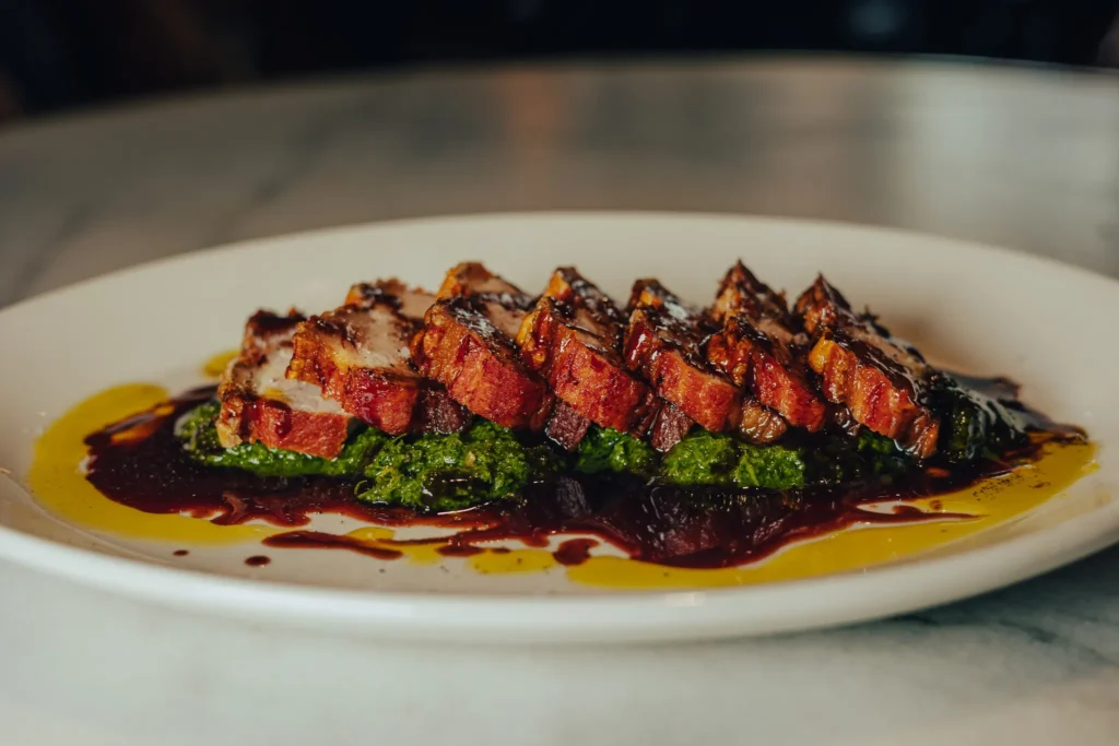 Sliced glazed pork over a herb pesto and jus on a white plate at El Caminito Palma
