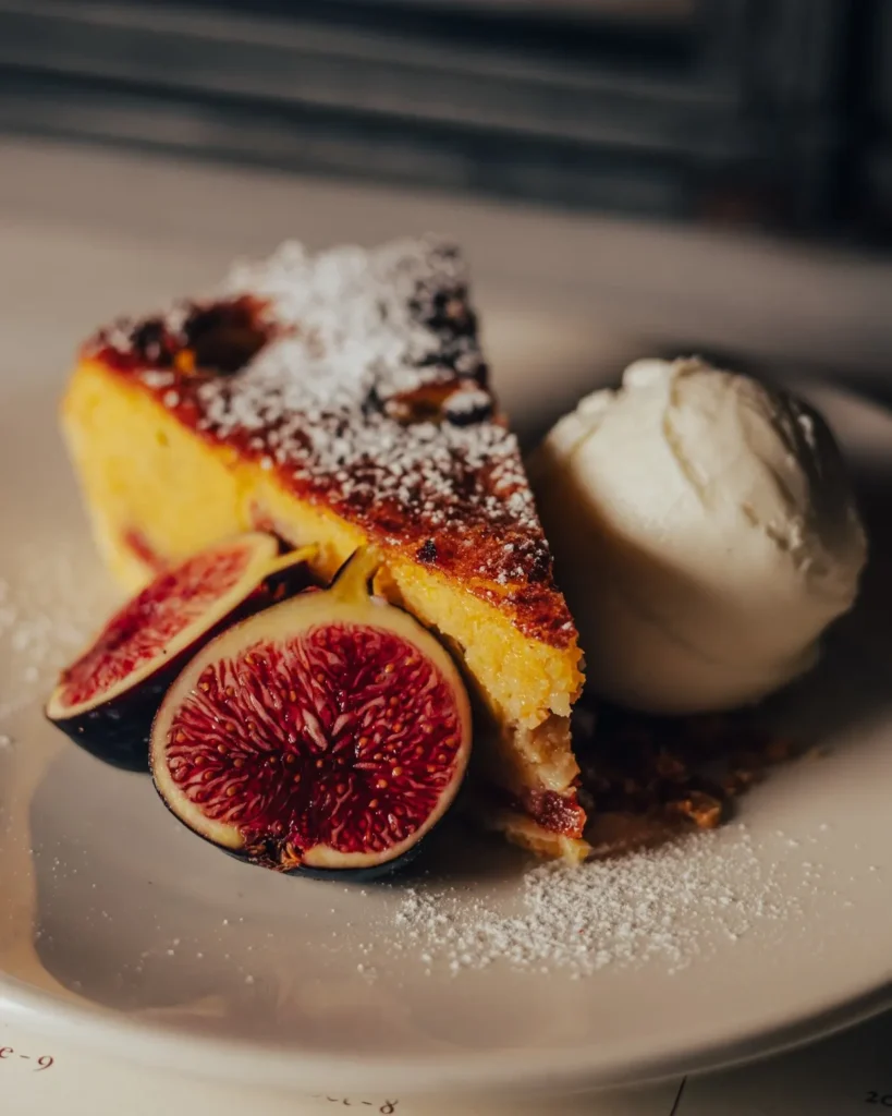 Slice of almond cake dusted with sugar, served with figs and ice cream at El Camino Restaurant