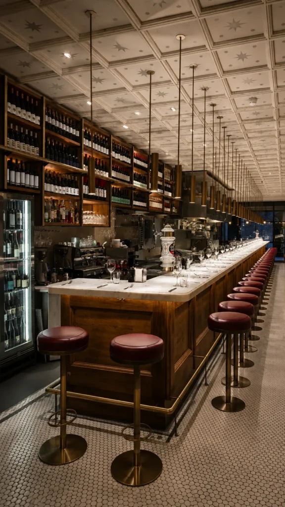 Long marble bar counter lined with burgundy stools beneath a star-panelled ceiling and wine wall at El Camino Restaurant