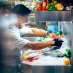 Chef arranging fresh fish and prawns on the iced seafood display at El Camino Restaurant