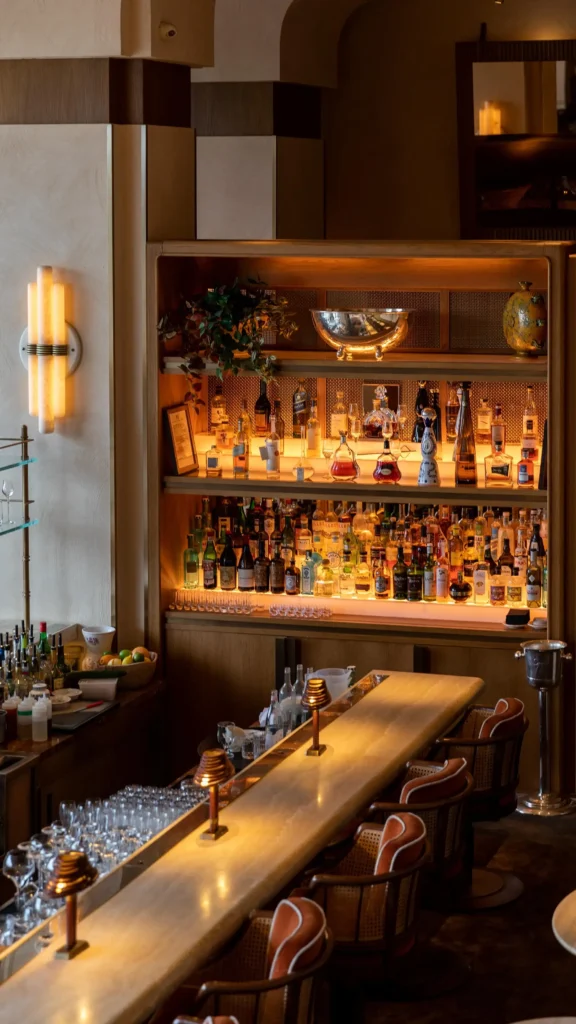 Onyx bar counter with cane stools and a backlit wall of spirits at Gigi Rigolatto Paris