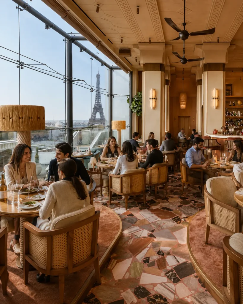 Guests dining beside floor-to-ceiling windows framing the Eiffel Tower at Gigi Rigolatto Paris