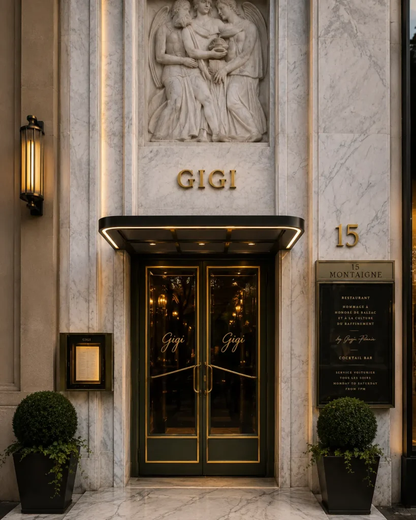 Marble facade with gold GIGI lettering above green-and-brass doors at Gigi Rigolatto Paris