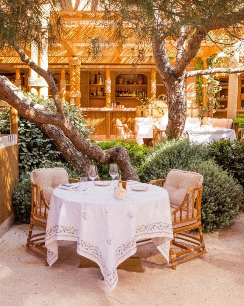 Table for two under a pine with the bar behind at Gigi Rigolatto Saint-Tropez