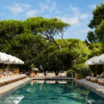Swimming pool flanked by fringed umbrellas and sunbeds beneath umbrella pines at Gigi Rigolatto Saint-Tropez