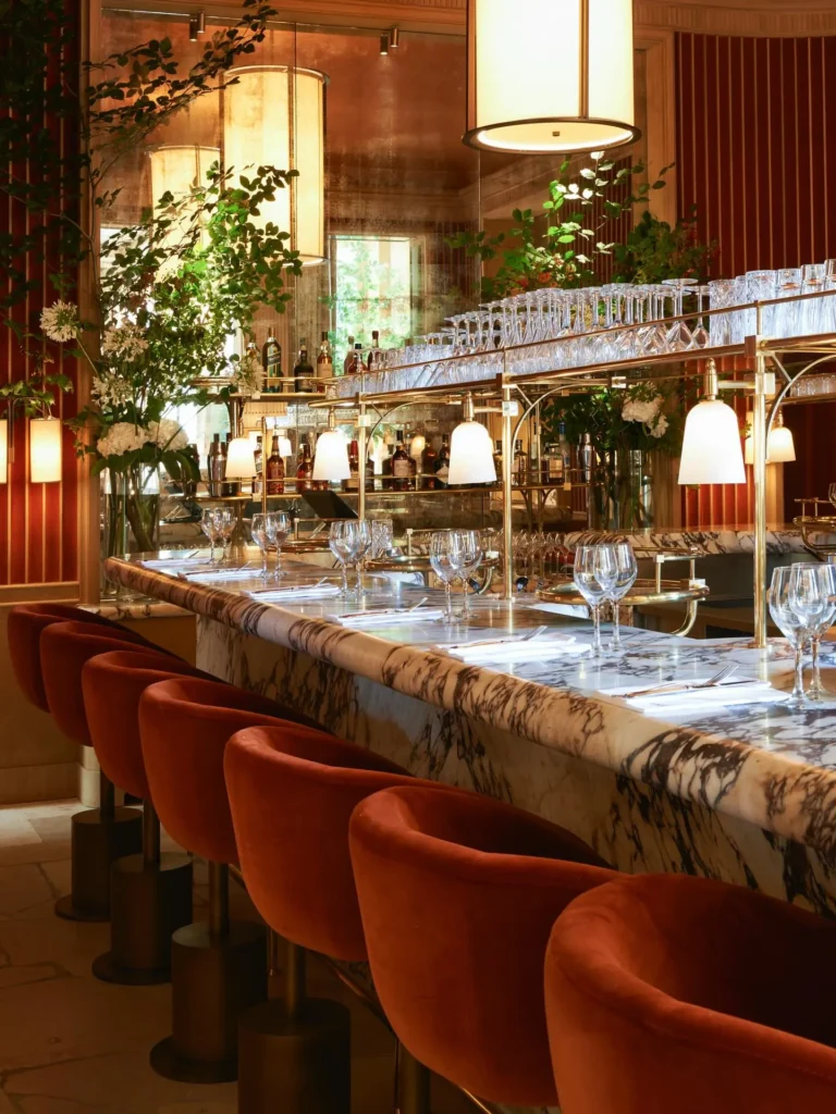 Marble bar lined with rust velvet stools below hanging glasses and greenery at Girafe Paris