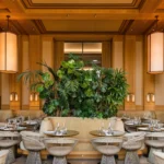 Dining room with wire chairs, cylindrical pendants and a large central monstera at Girafe Paris