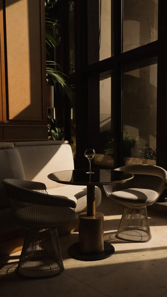 Wire lounge chairs and a small table in golden-hour light by the windows at Girafe Paris