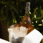 Bottle of Roseblood rosé chilling in an ice bucket among greenery at Girafe Paris