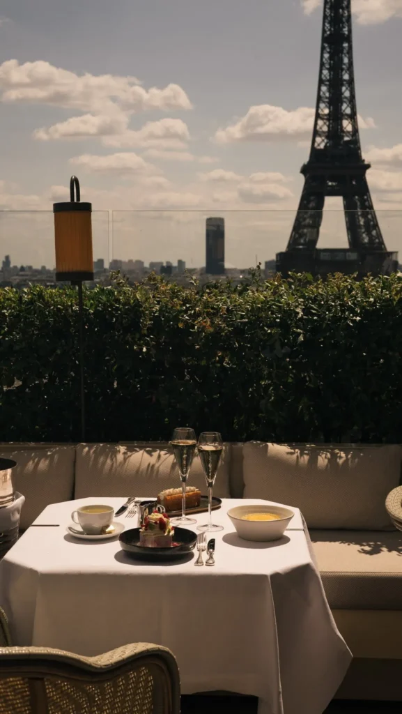 Dessert and champagne on a terrace table with the Eiffel Tower behind at Girafe Paris