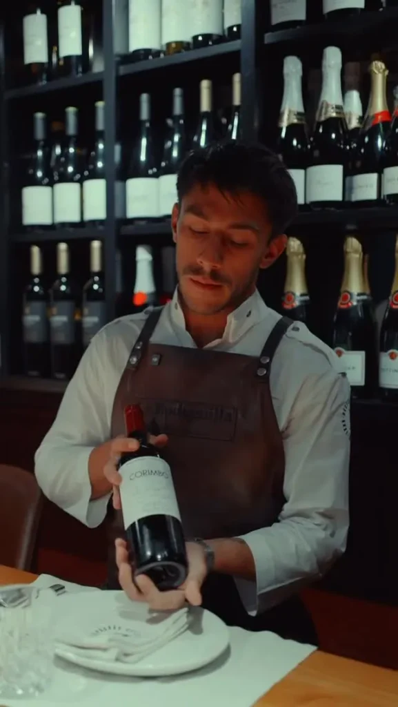 Server in a branded leather apron presenting a bottle of red wine at La Bodeguilla Palma