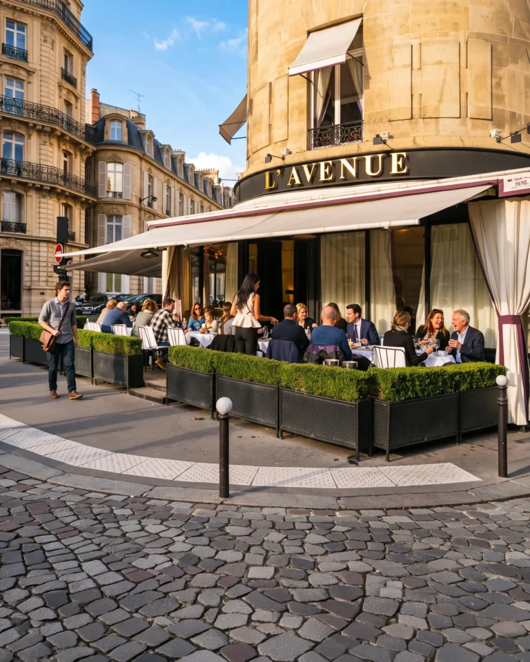Corner facade with the L'Avenue awning and hedged pavement terrace on a sunny day at L'Avenue Paris