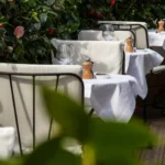 White-clothed terrace tables and cushioned chairs beside blooming camellias at lavenue Paris