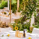 Table dressed with sunflowers and lemons beside flowering jasmine at Loulou Restaurant Saint-Tropez