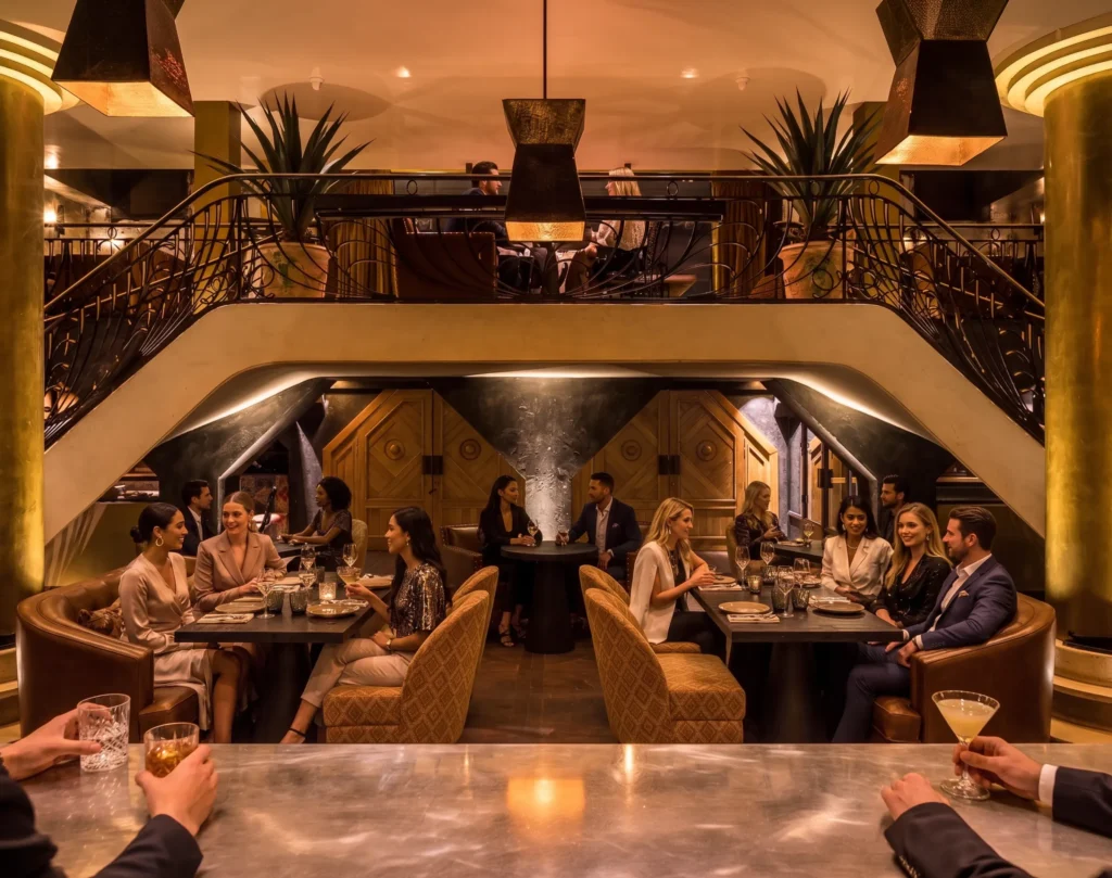Booth dining beneath a mezzanine with a bronze staircase and pendant lights at Manko Paris