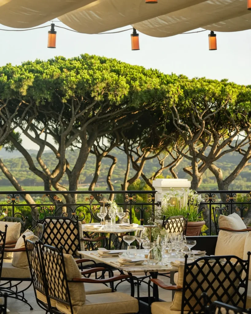 Set terrace tables framed by umbrella pines and a wrought-iron balustrade at Matsuhisa Saint-Tropez
