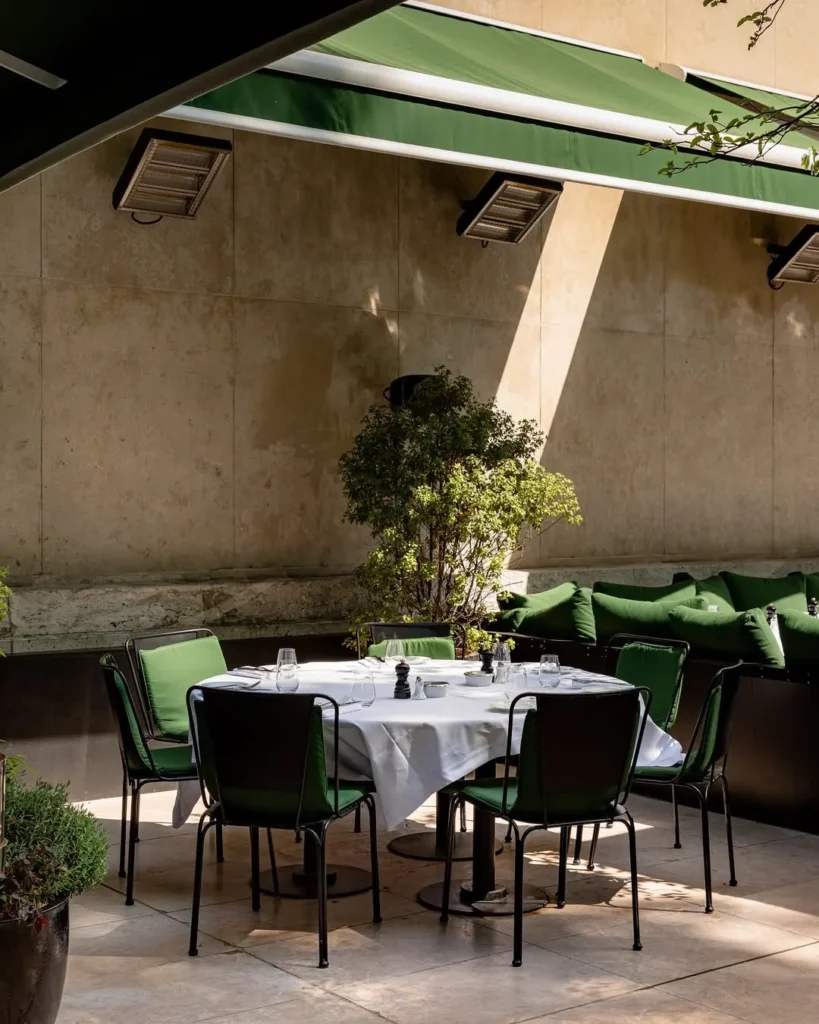 Round terrace table with green-cushioned chairs under heaters and a green awning at Monsieur Bleu Paris