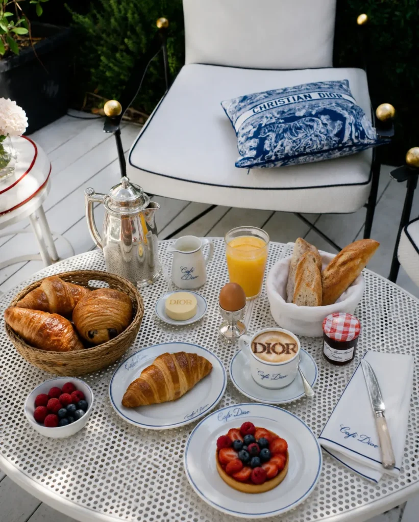 Breakfast spread of viennoiseries, coffee and fruit tart on branded tableware at Monsieur Dior des Lices Saint-Tropez by Mauro Colagreco