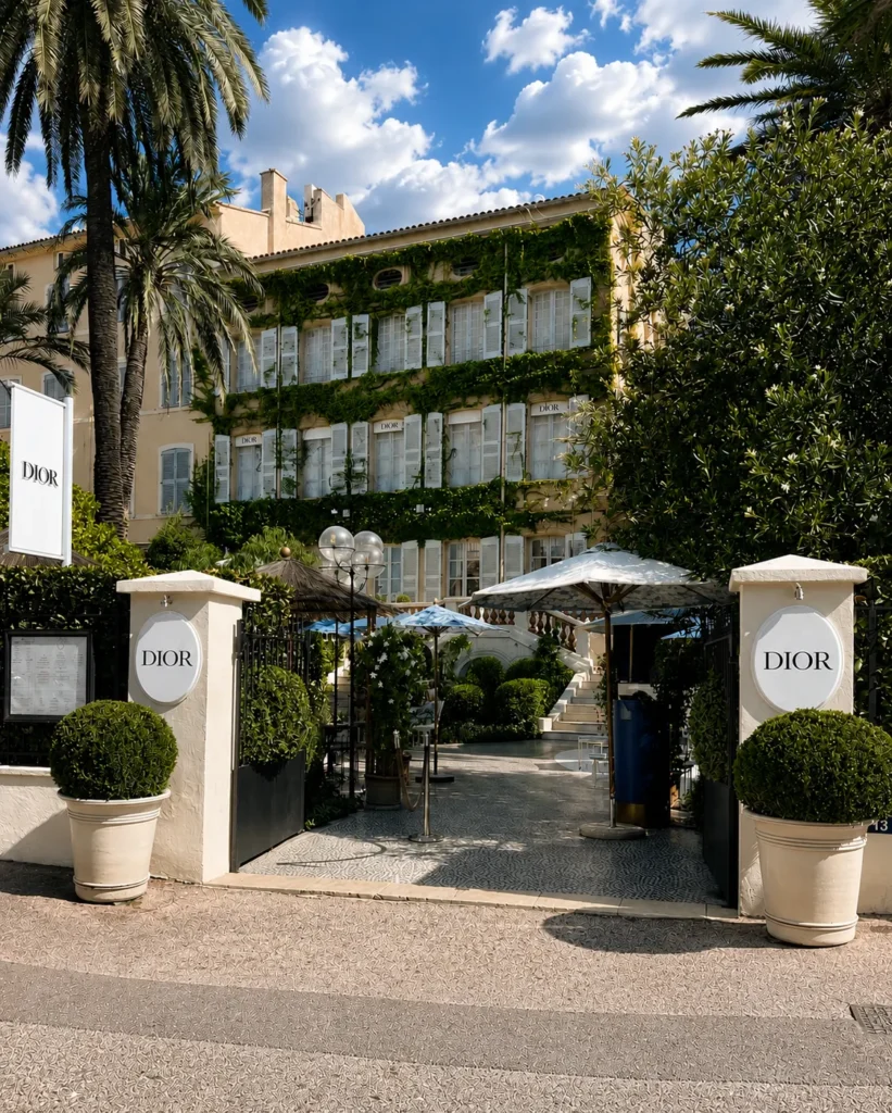 Open entrance flanked by two DIOR signs looking through to the garden courtyard at Monsieur Dior des Lices Saint-Tropez by Mauro Colagreco