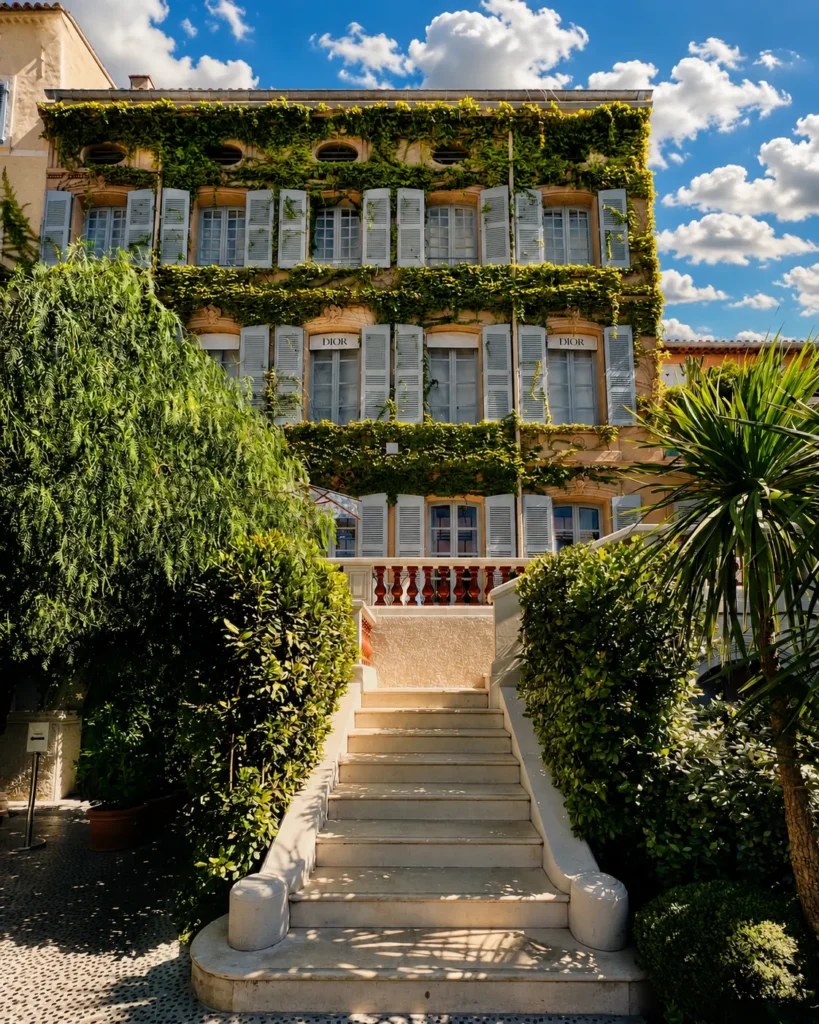Ivy-covered facade with blue shutters above a stone staircase at Monsieur Dior des Lices Saint-Tropez by Mauro Colagreco
