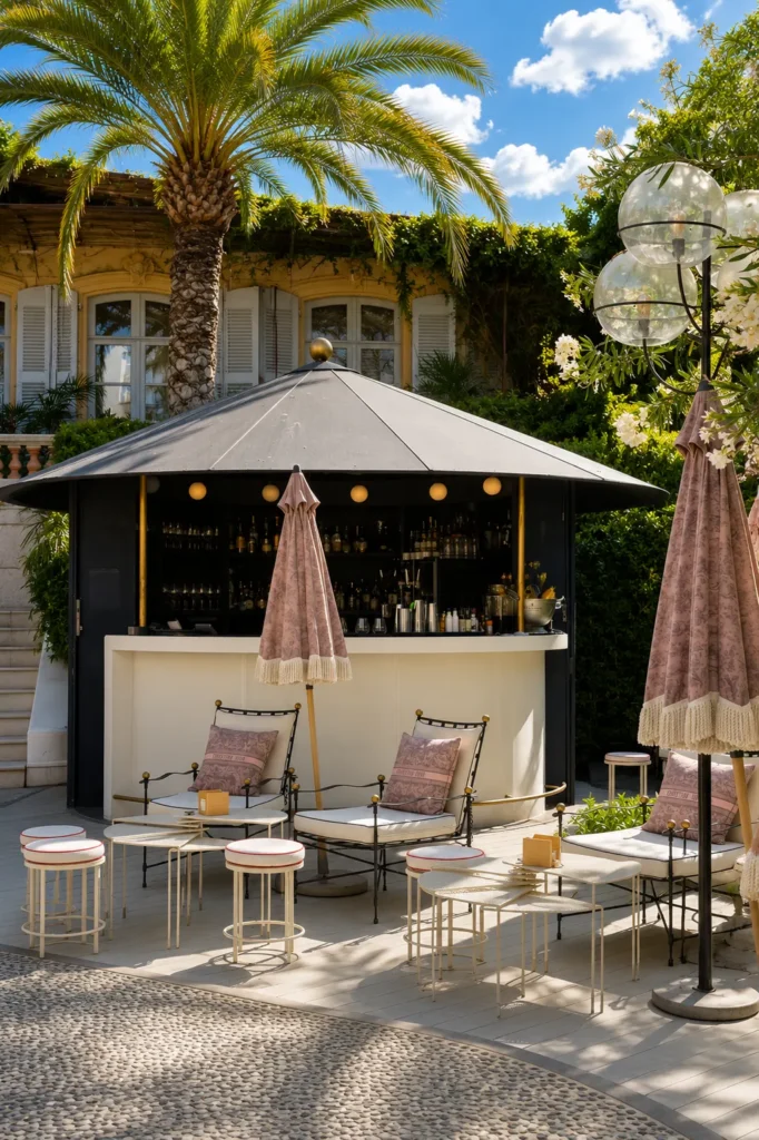 Outdoor bar with stools and pink fringed parasols under a palm at Monsieur Dior des Lices Saint-Tropez by Mauro Colagreco
