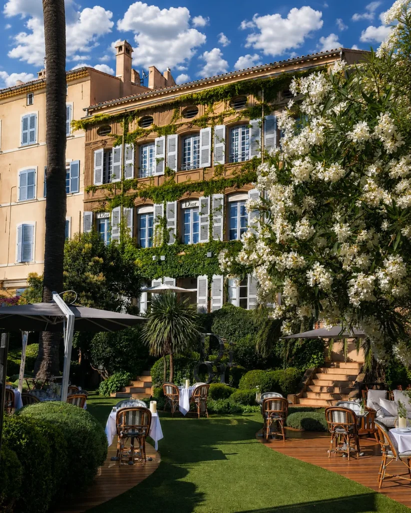 Rattan chairs and white-clothed tables on the lawn before the facade at Monsieur Dior des Lices Saint-Tropez by Mauro Colagreco