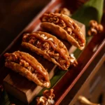 Caramel popcorn taco dessert plated on a wooden board at NAŌ Saint-Tropez