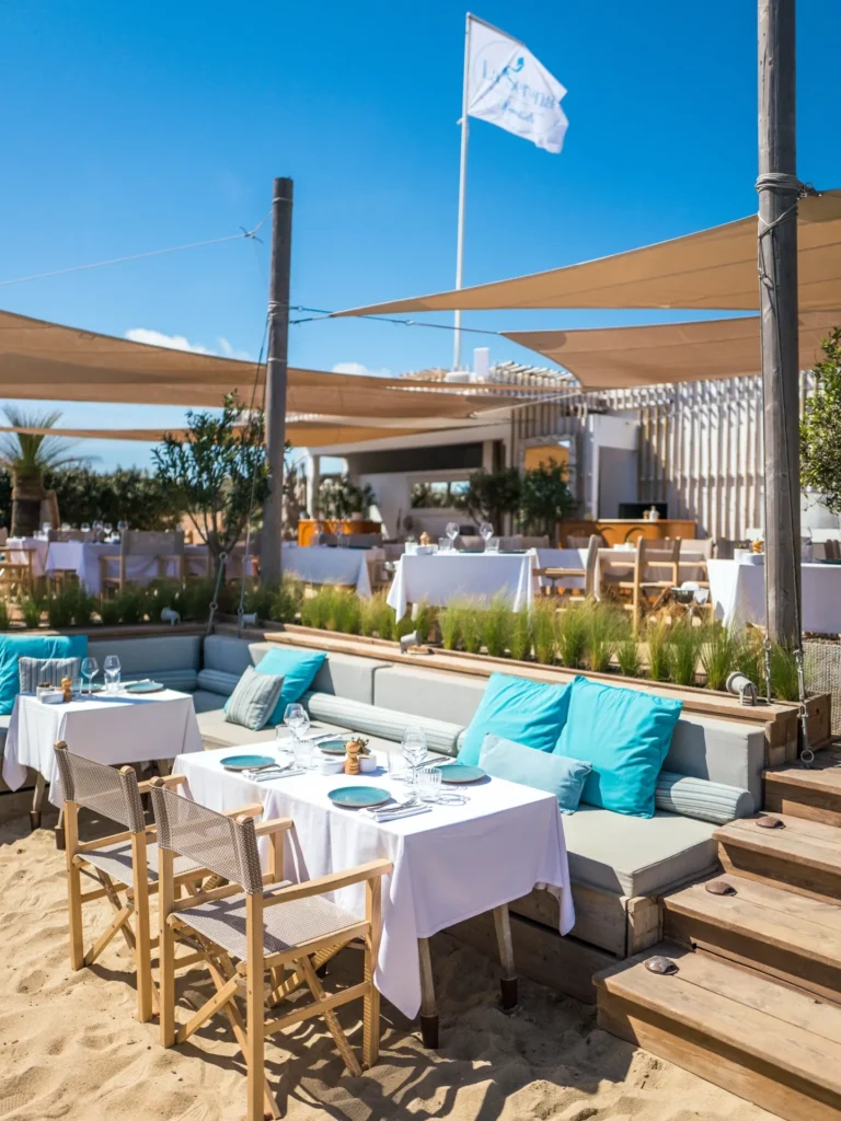 Beach restaurant with turquoise banquette cushions and sail canopies below the La Serena flag at Plage La Serena Ramatuelle Saint-Tropez