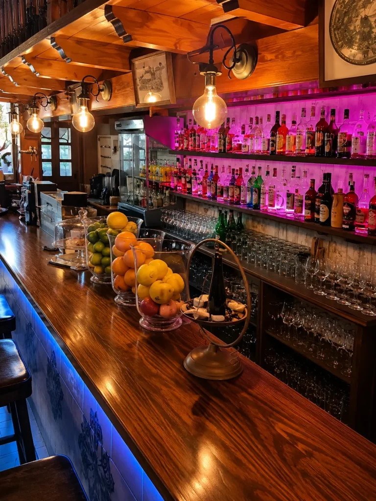 Back bar with fruit bowls and colourfully lit spirit bottles at Restaurante El Cuerno Palma