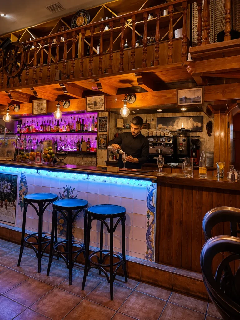 Bartender preparing a drink behind the tiled bar with backlit bottles and stools at Restaurante El Cuerno Palma