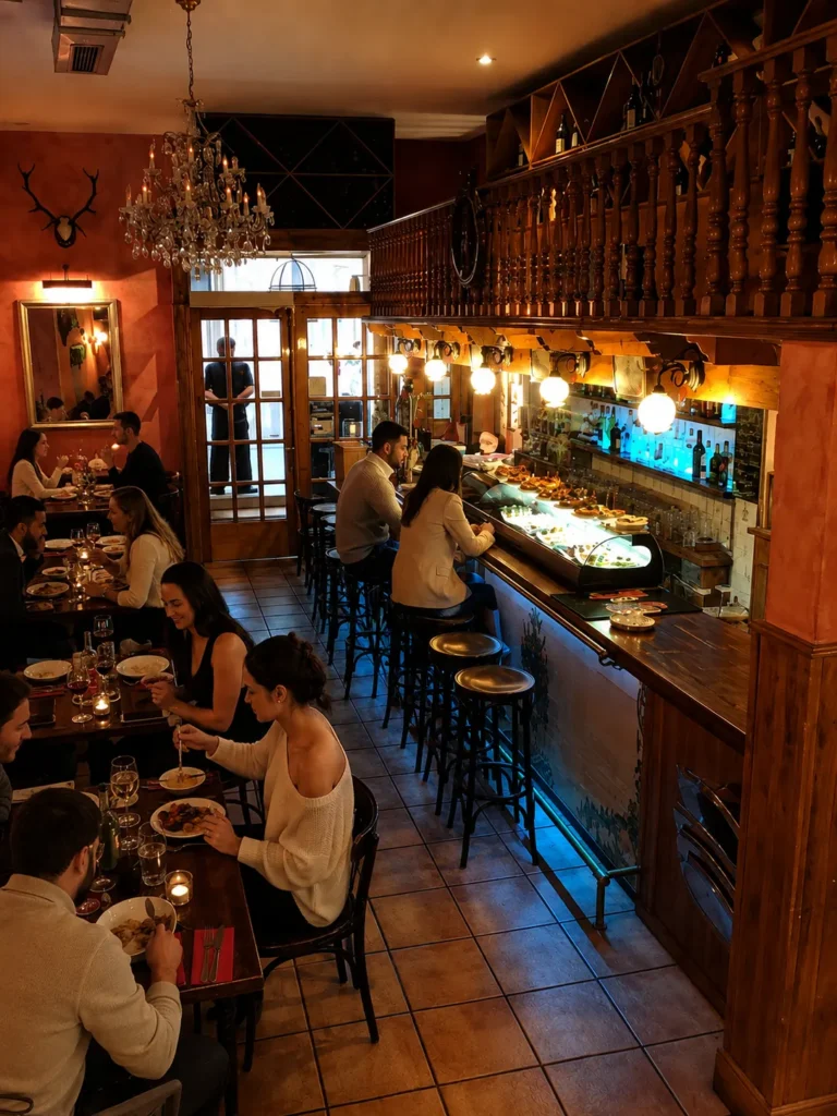 Guests dining beside the tapas bar with a chandelier and mounted antlers at Restaurante El Cuerno Palma
