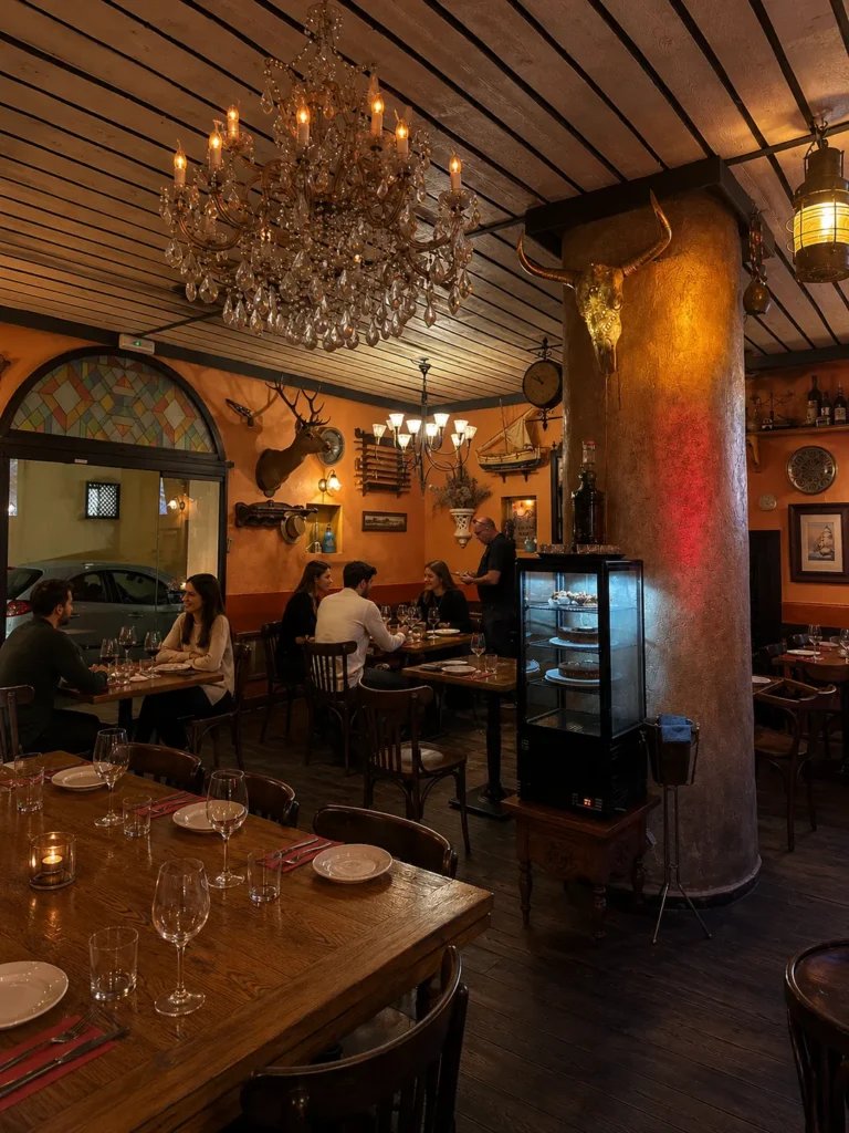 Dining room with a crystal chandelier, gilded bull skull and mounted stag on ochre walls at Restaurante El Cuerno Palma
