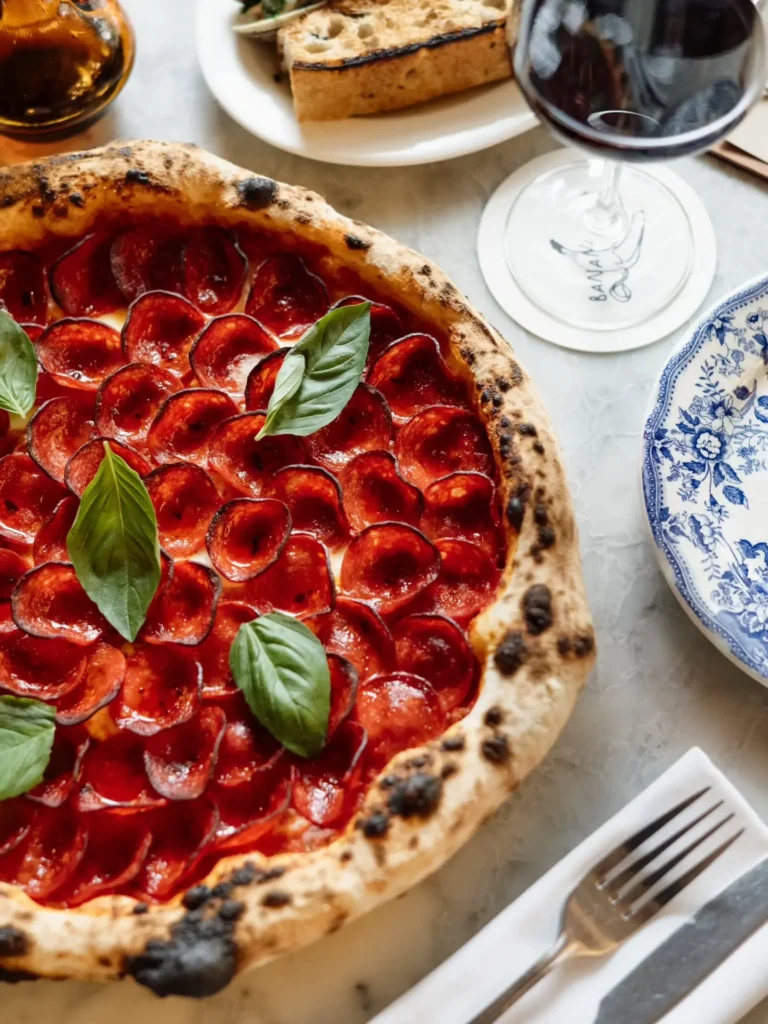 Wood-fired pepperoni pizza with basil on a marble table at Rikito Palma