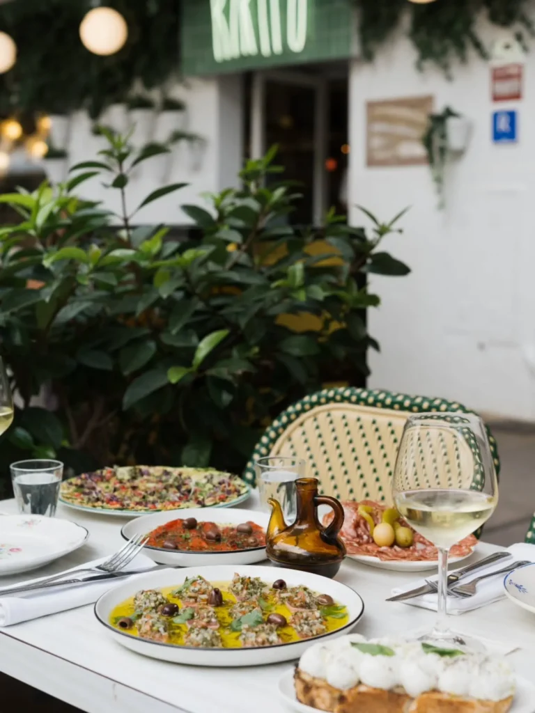 Antipasti and white wine on a terrace table outside the Rikito neon sign at Rikito Palma
