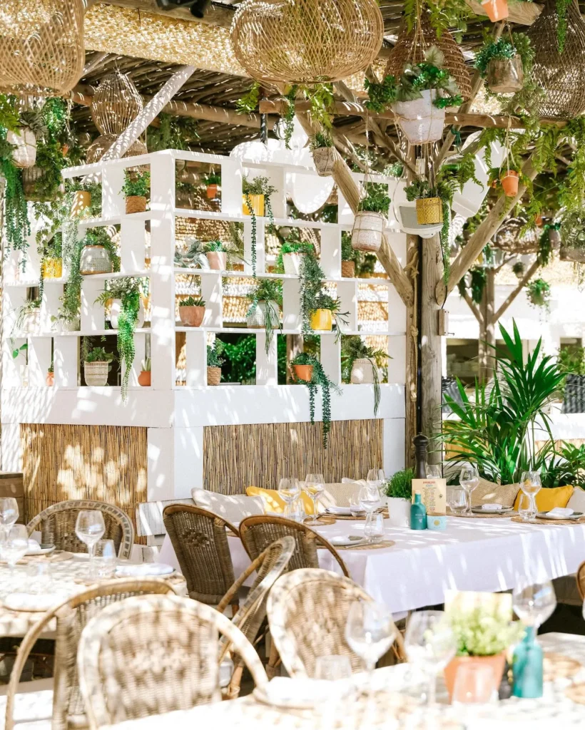 Set tables beside a white shelf of potted plants under a woven pergola at Shellona Saint-Tropez