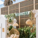 Shellona sign on a slatted wall above a hanging rattan chair and greenery at Shellona Saint-Tropez