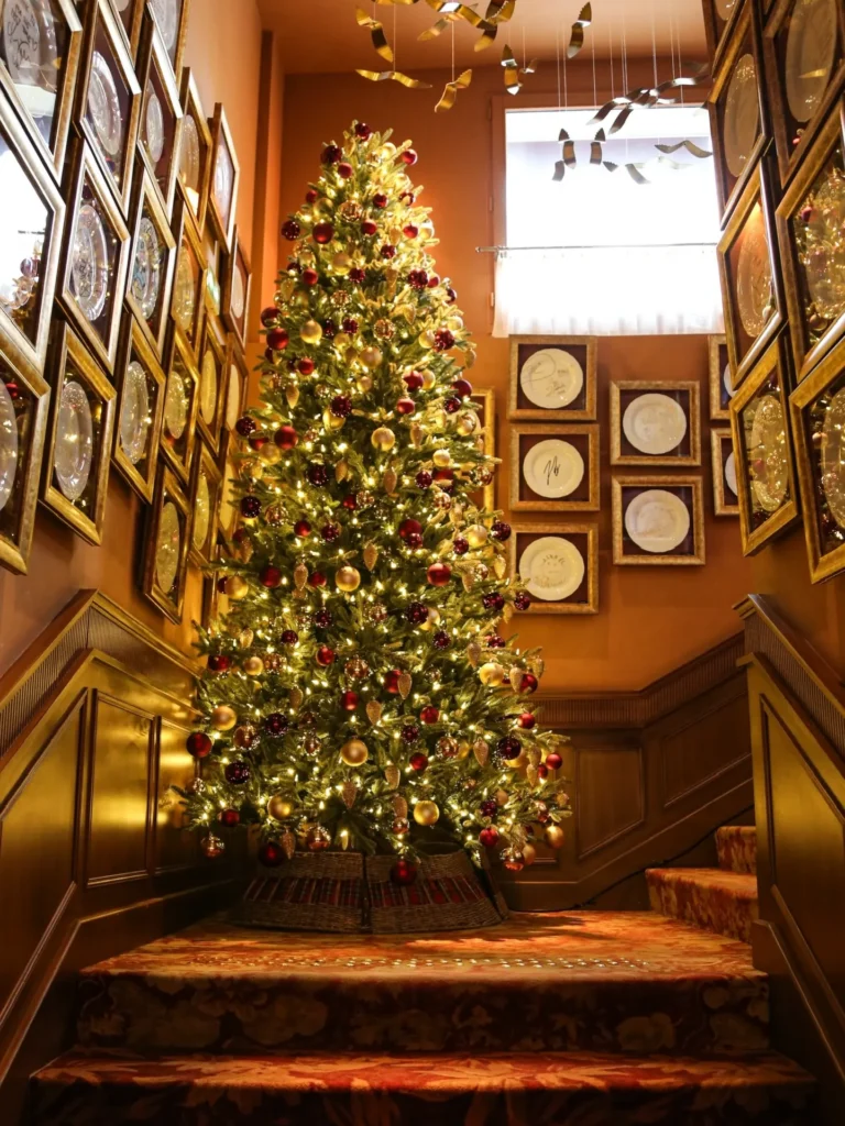 Christmas tree and festive decorations inside Siena Paris restaurant