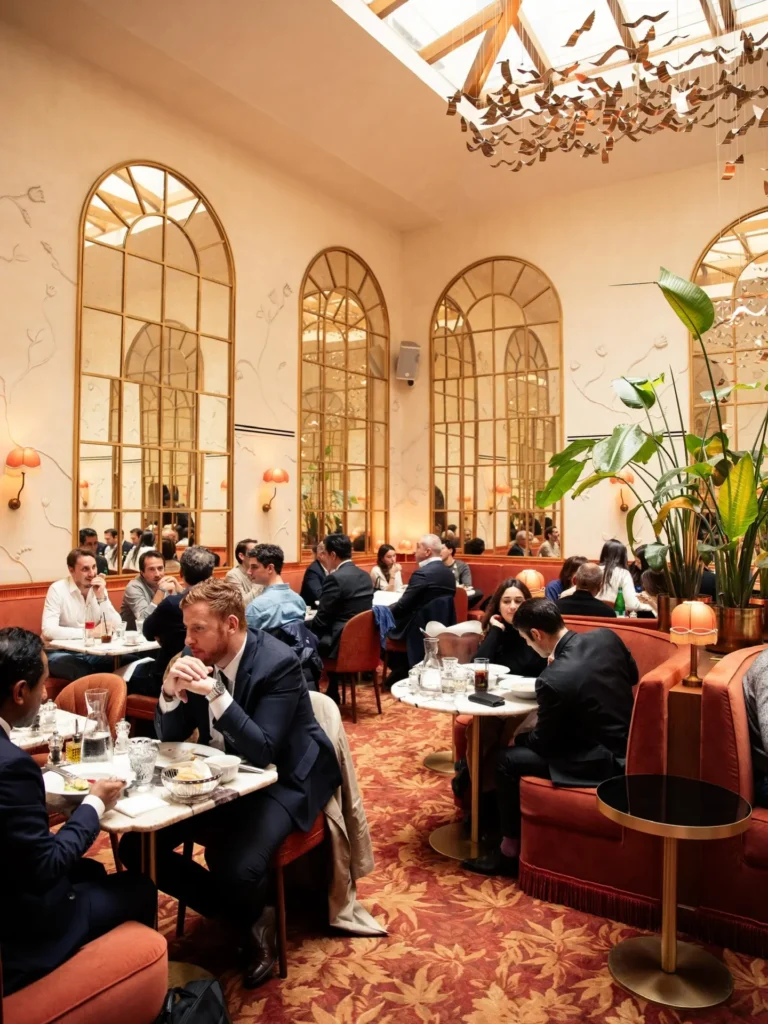 Busy dining area with arched windows and elegant decor at Siena Paris