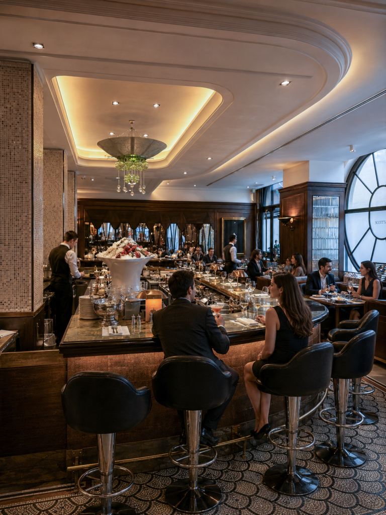 Elegant dining room interior at Scott's Mayfair restaurant in London